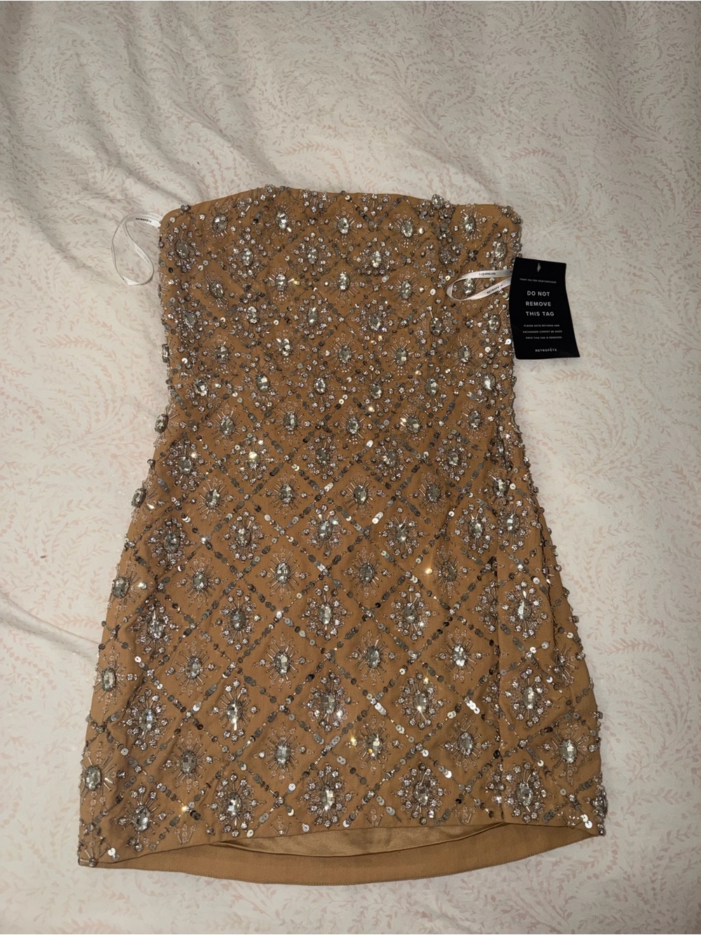 Retrofete Strapless Embellished Mini Dress in Camel Gold